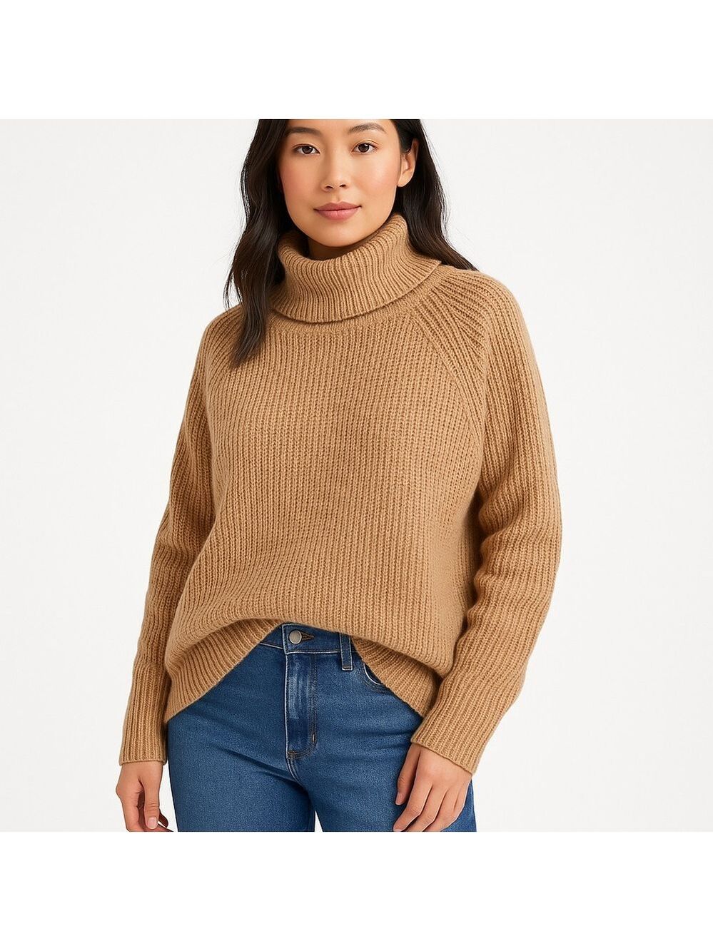 Cloth knit sweater turtleneck beige tan long sleeves neutral soft medium Large
